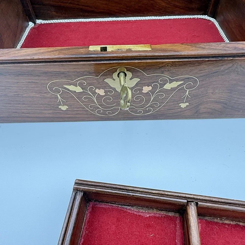 Vintage Wood Jewelry Keepsake Box Brass Inlay Locking - 2 Keys Felt Lined, 12x8
